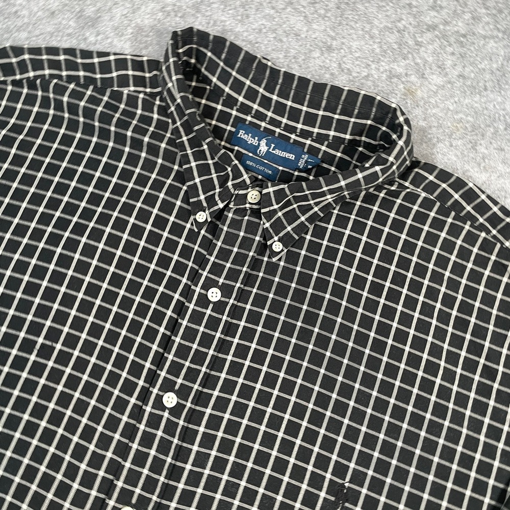Ralph Lauren Mens Button Down Shirt XXL Black White Grid Check Long Sleeve